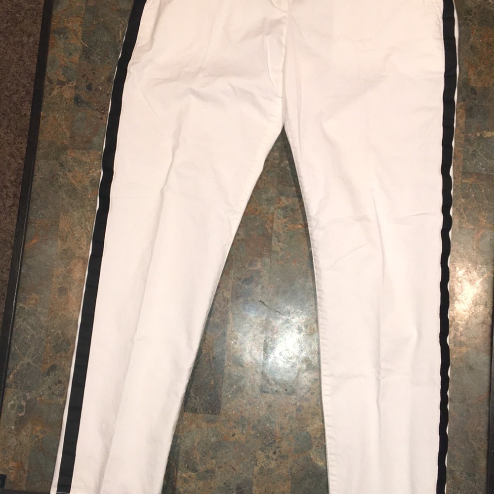White khakis with black pin stripe